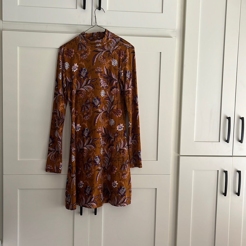 long sleeve dark mustard colored dress